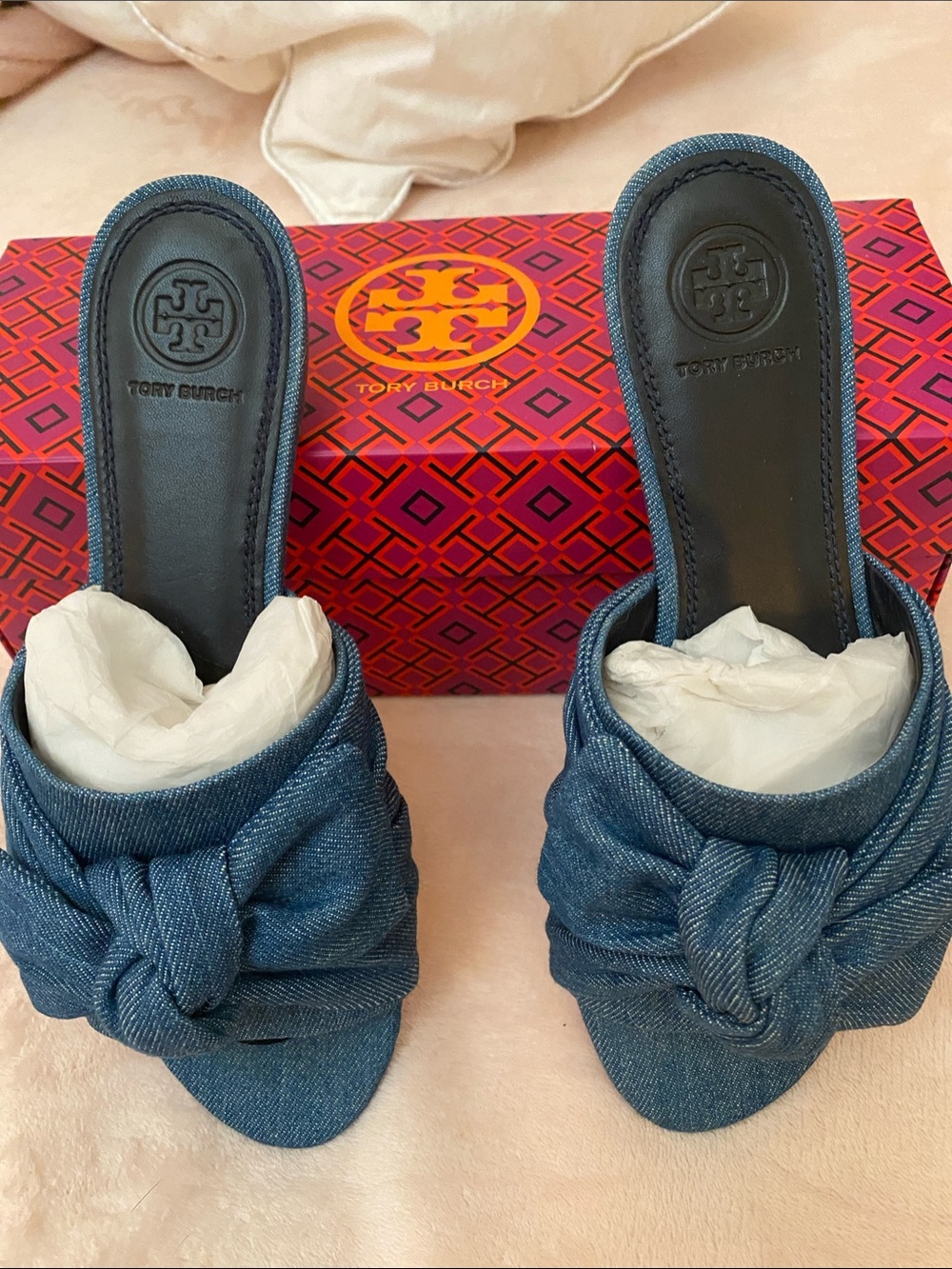 Tory Burch Denim Knot Slide Mules in Blue